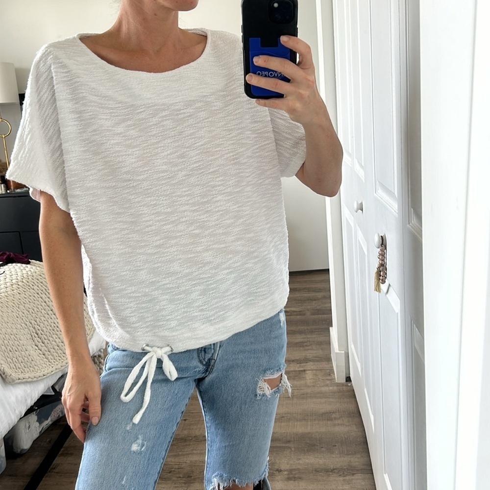 Anthropologie White Short Sleeve Textured Drawstring Tee